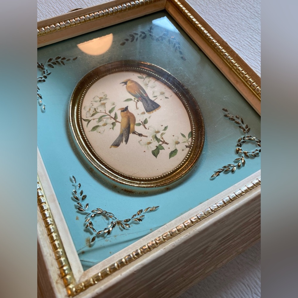 Vintage Deep Wood Framed Cedar Waxwings Birds on Spring Dogwood, R.Freund - Picture 6 of 11